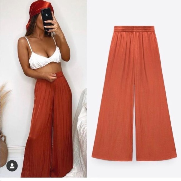 Zara | Pants u0026 Jumpsuits | Zara Satin Flowy Wide Leg Pants Rust Orange Nwt  | Poshmark
